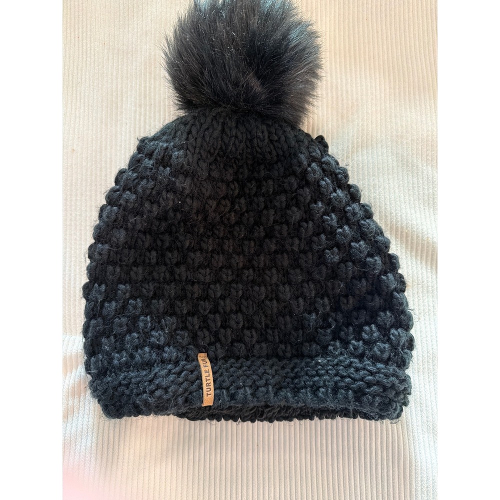 Turtle Fur Black Chunky Knit Beanie Faux Fur Pom Fleece Lined Winter Hat